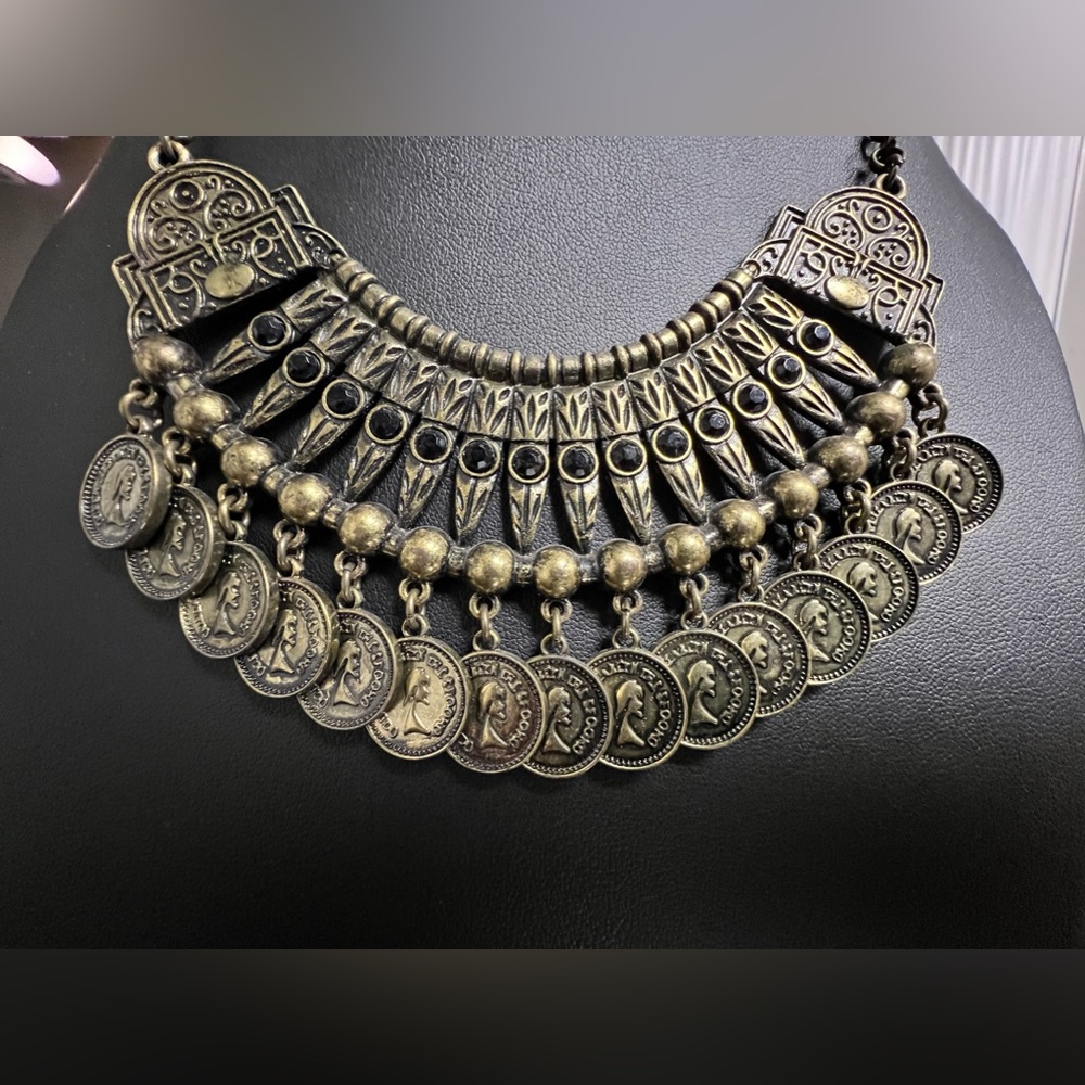 Bib Tribal Gypsy Statement Coin Aged bronze color necklace metal BaubleBar - Picture 6 of 10